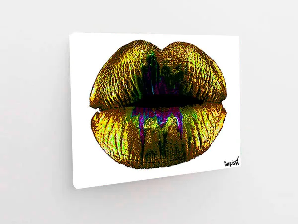 Lips Gold  White On Canvas - Image 3