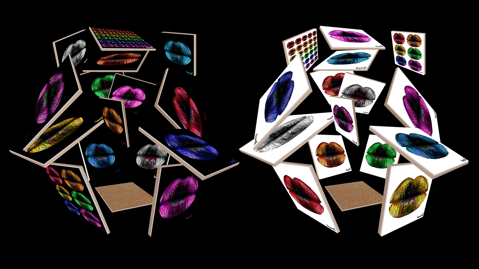 Individual Decorative Art Coasters of The Marquis Leo Lip Collection on Black or White Background..